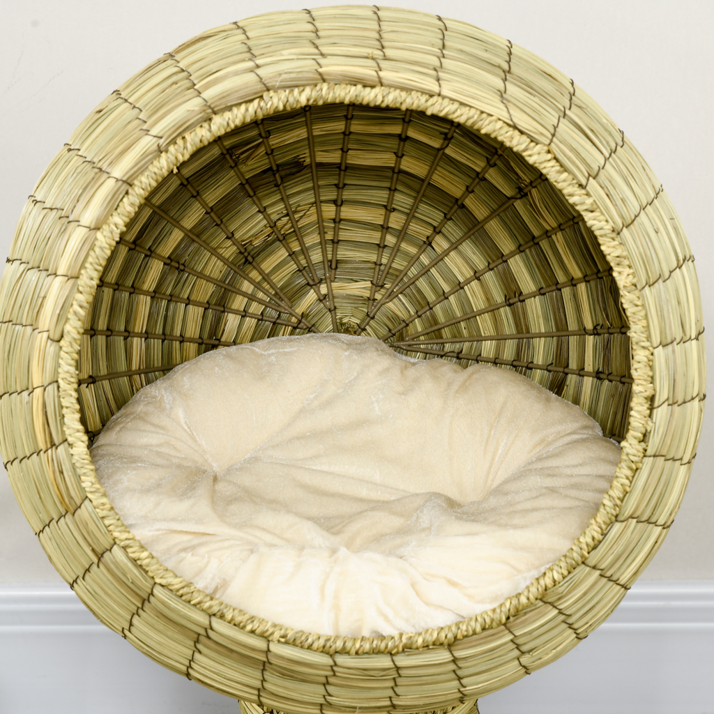PawHut Raised Cat House, Natural Mat Grass Cat Bed w/ Stand Cushion, 41x 69 cm